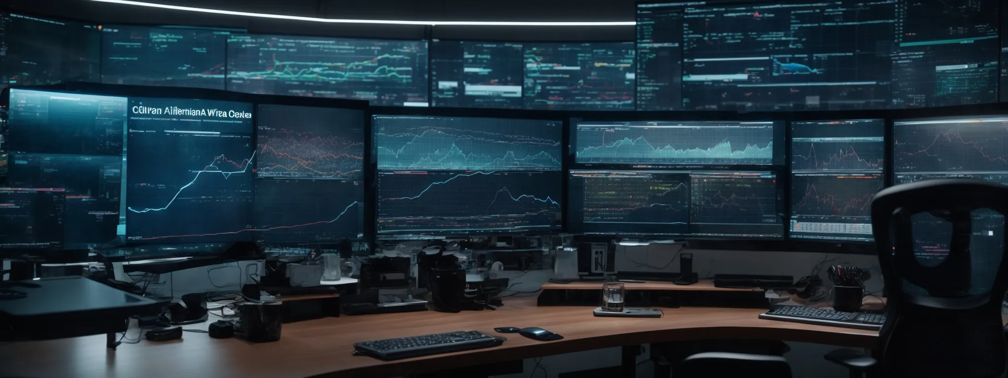 a futuristic workspace with multiple monitors displaying graphs and analytics, where an ai interface is optimizing a website's seo strategy.