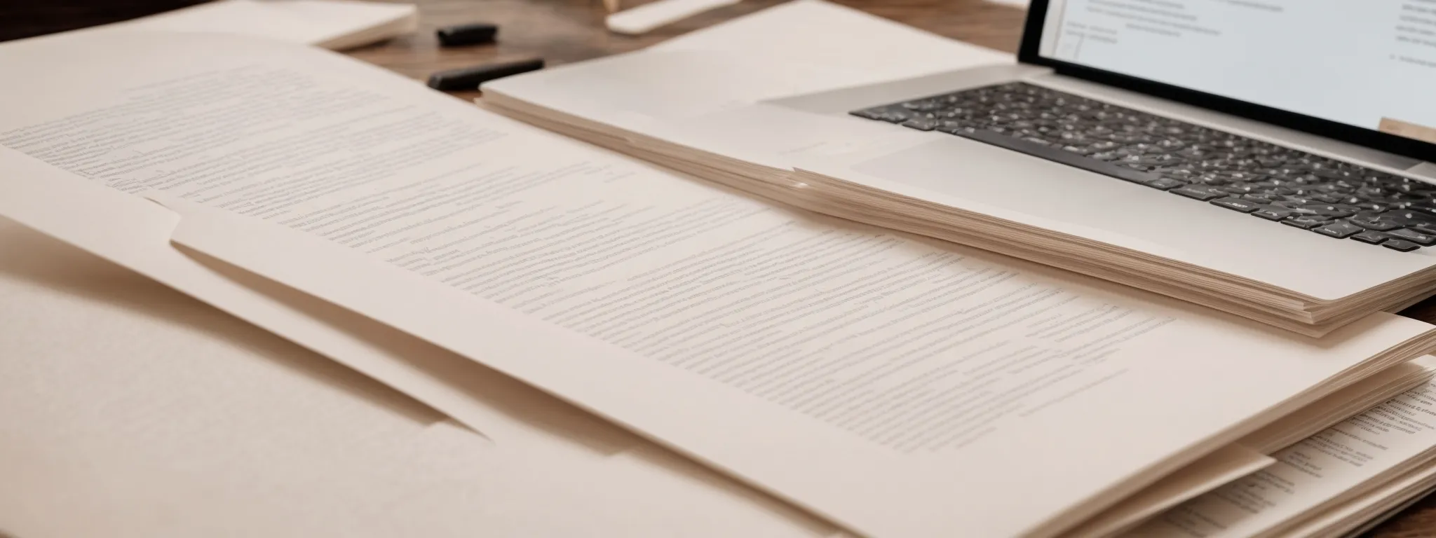 a stack of papers on a desk, each with identical paragraphs of text, beside a laptop displaying a website's homepage.