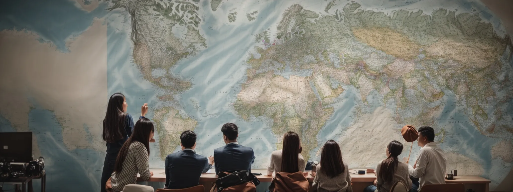 a diverse team gathered around a global map, strategizing over international seo tactics.