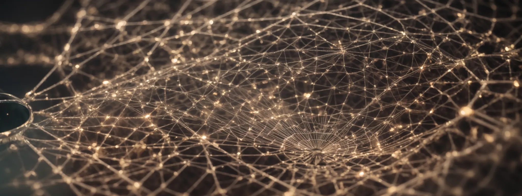 a magnifying glass hovering over a web of connected nodes symbolizing the intricate relationship between seo taxonomy and keyword research.