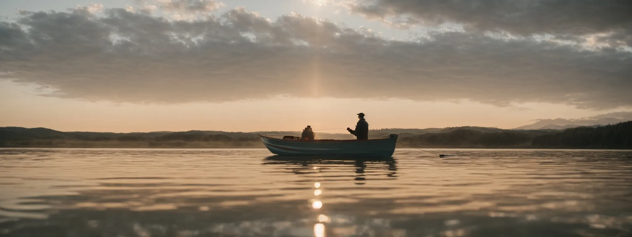 a boat floating calmly on a serene lake, with a lone individual casting a fishing line into the rippling water at sunrise.