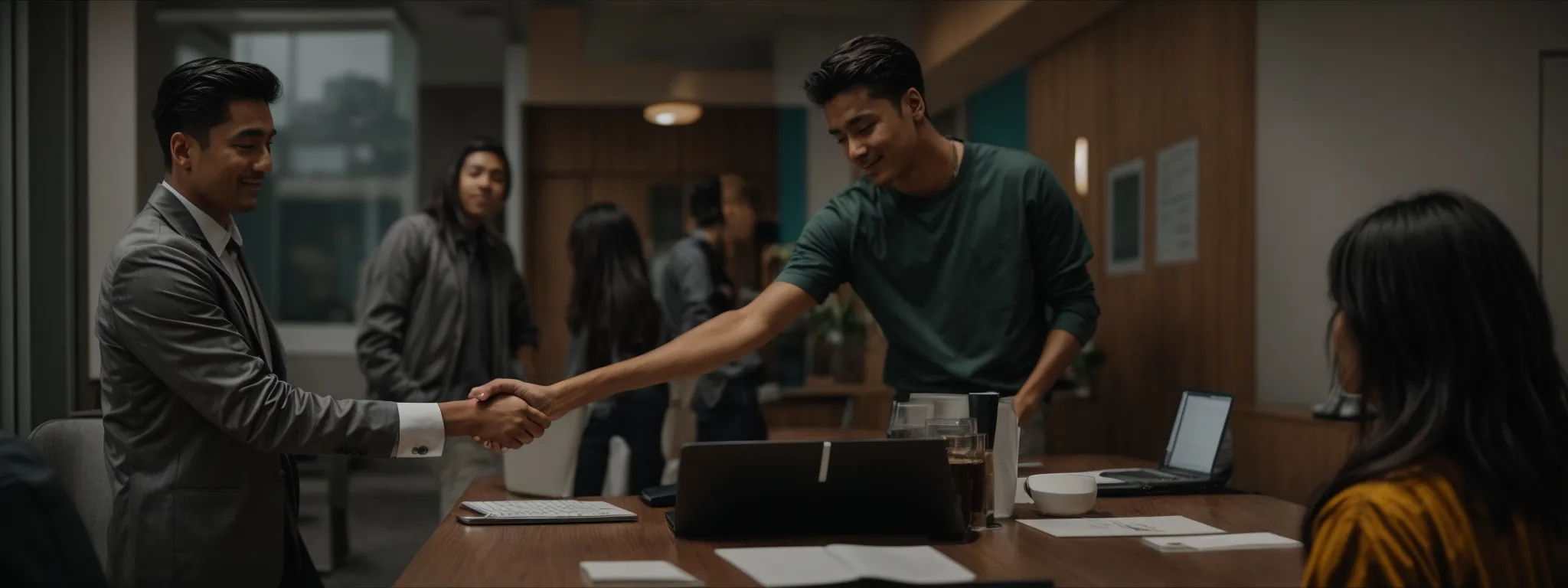 two professionals shaking hands across a conference table with a laptop open between them.