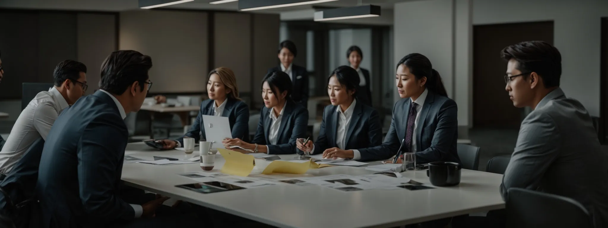 a group of marketing professionals collaborating around a table with marketing materials and a blank screen ready for a presentation.