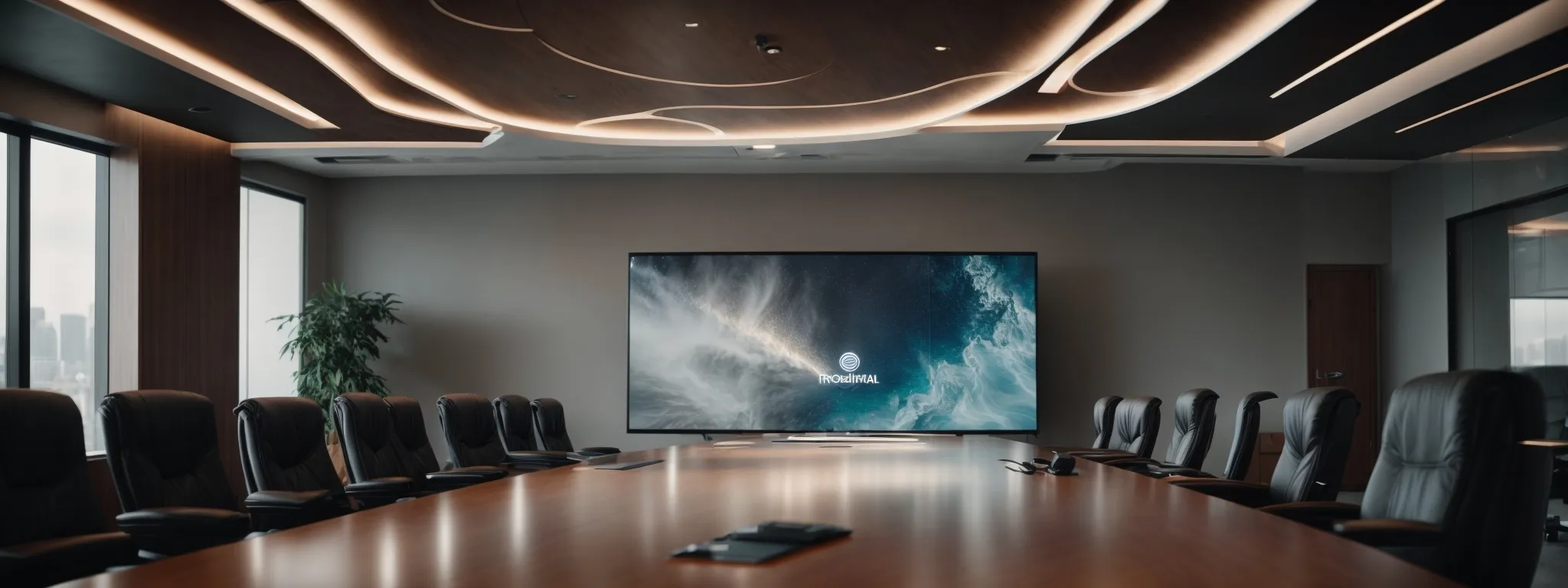 a polished boardroom with a projector displaying a sleek, abstract logo, embodying the future-focused vision of an seo company.