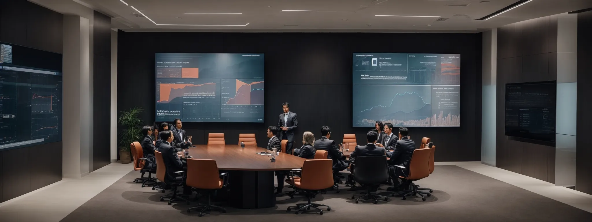 a conference room with professional marketers discussing strategies over a large digital screen displaying voice search analytics.