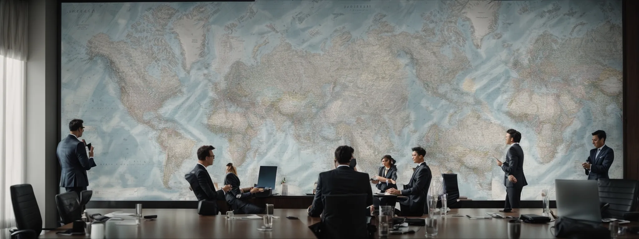 a boardroom with marketing professionals analyzing a world map covered in search trend graphs.