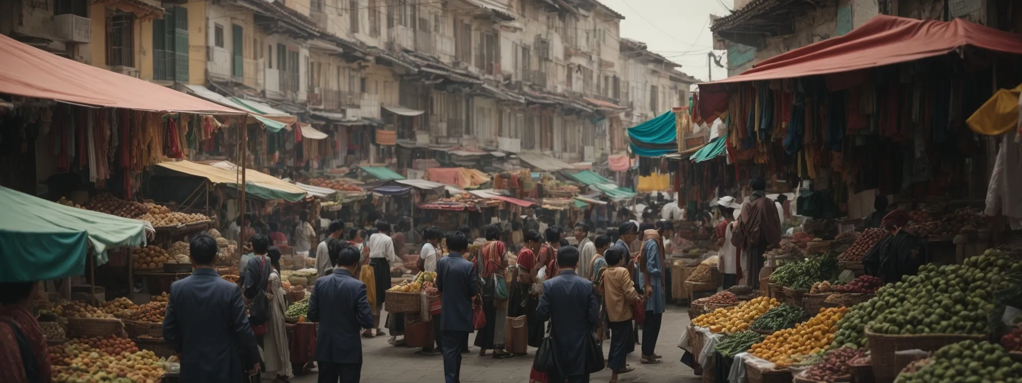 a bustling, diverse street market with stalls showcasing a variety of goods that blend local culture with global influences.