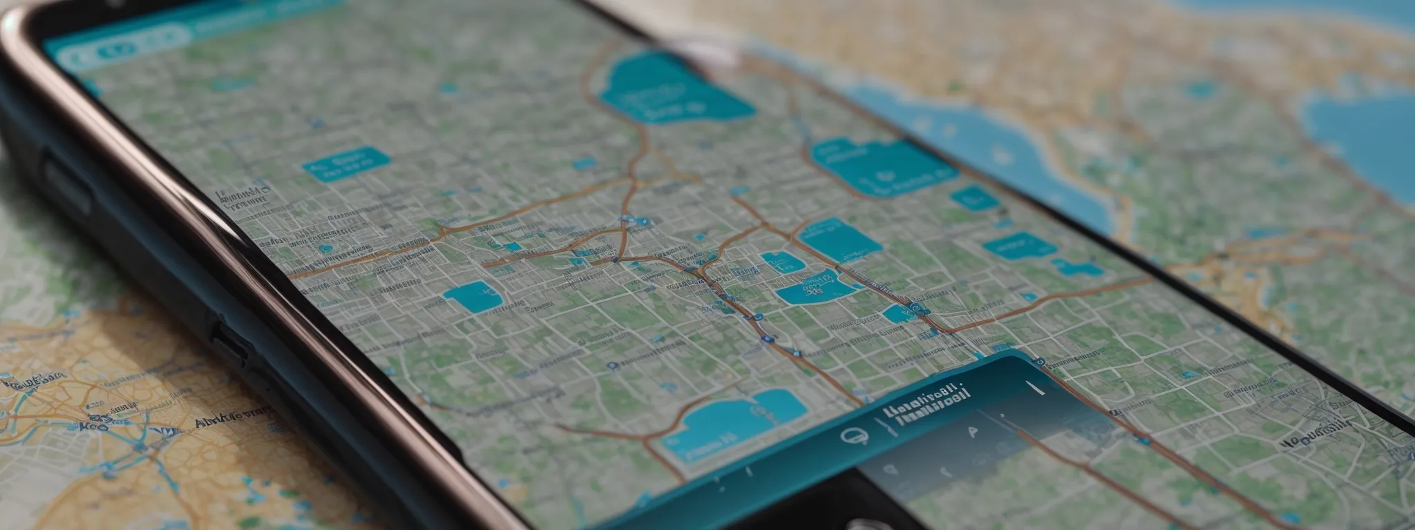 a modern smartphone displaying a map with multiple business locations on a futuristic interface. 
