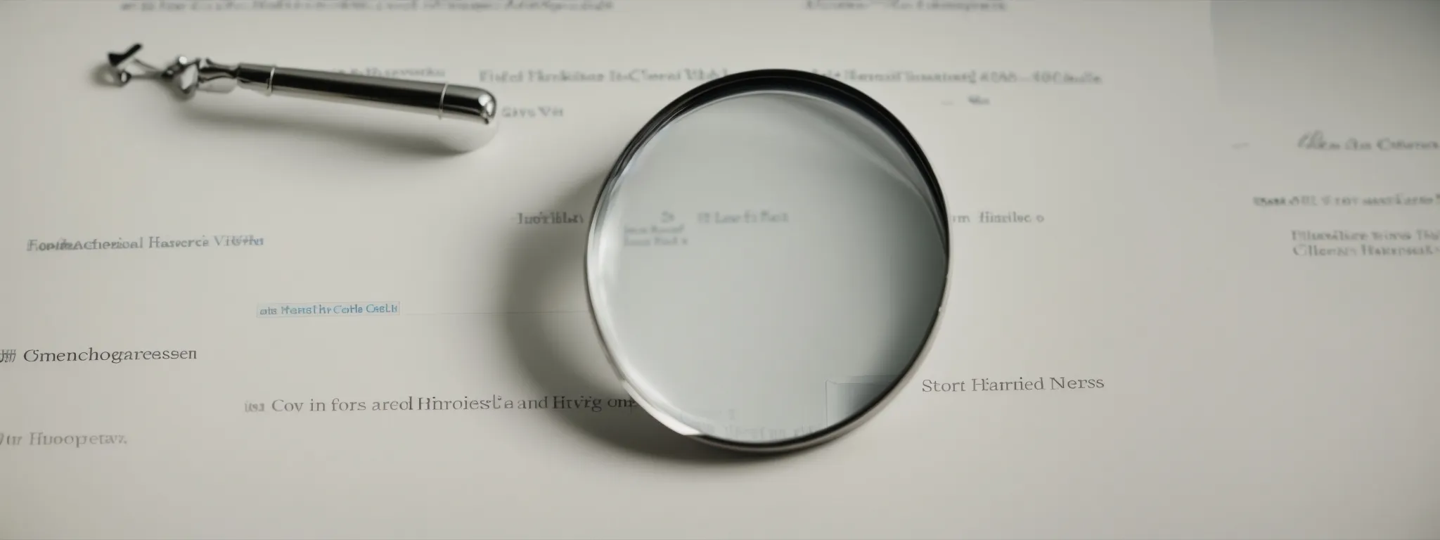 a magnifying glass hovering over a web search bar amidst a sea of scattered keywords.