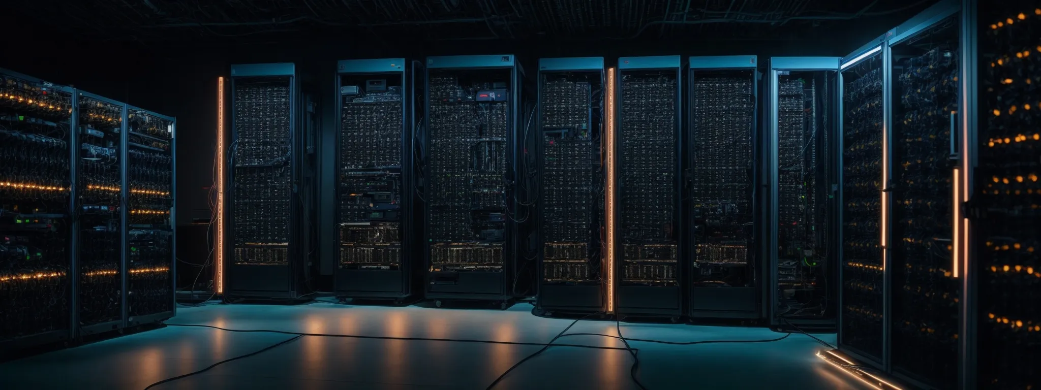 a wide-angle view of a server room with rows of glowing equipment indicating high-tech data processing for seo optimization.