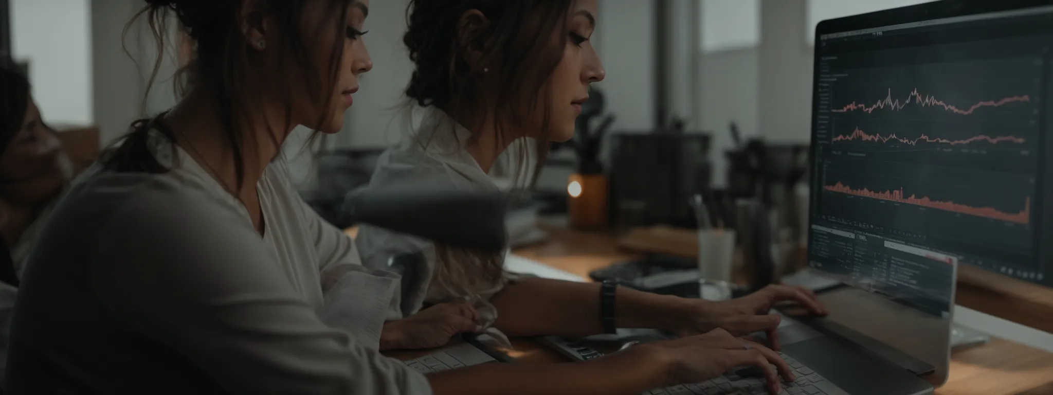 a yoga studio owner reviews graphs and charts on a computer screen, analyzing website traffic data.