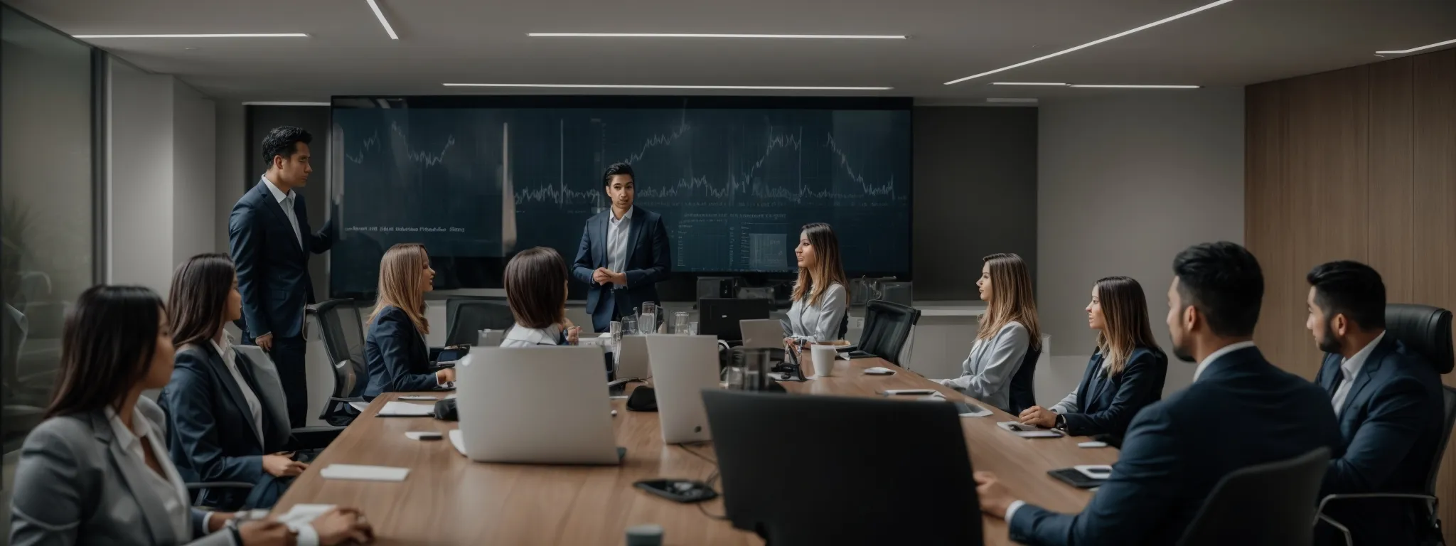 a consultant presents an seo strategy to an attentive team in a modern office conference room.