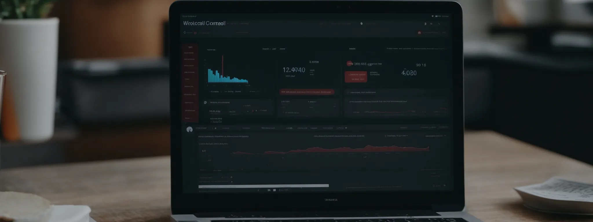 a laptop displaying a woocommerce dashboard with a visible seo plugin installation screen.