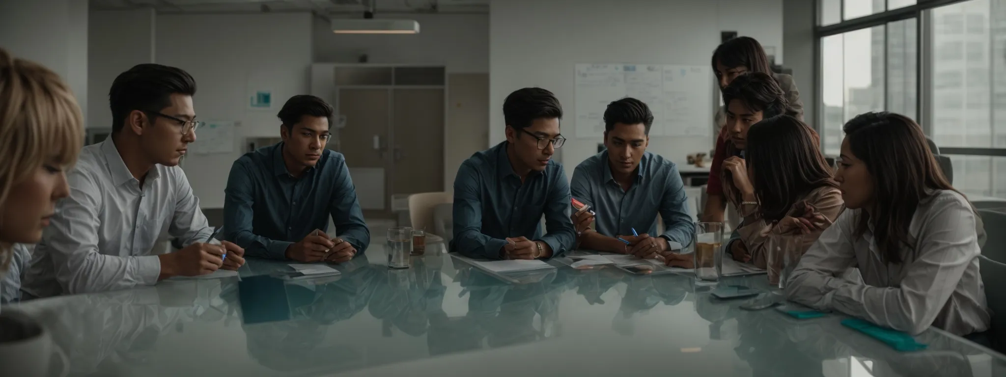 a strategic team gathers around a modern, glass-topped table, brainstorming ideas with a clear whiteboard in the background.