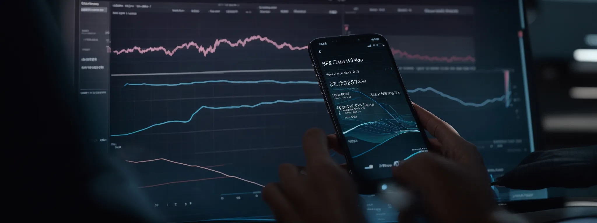 a focused individual interacts with a streamlined mobile interface on their smartphone against a backdrop of digital graphs representing seo metrics.