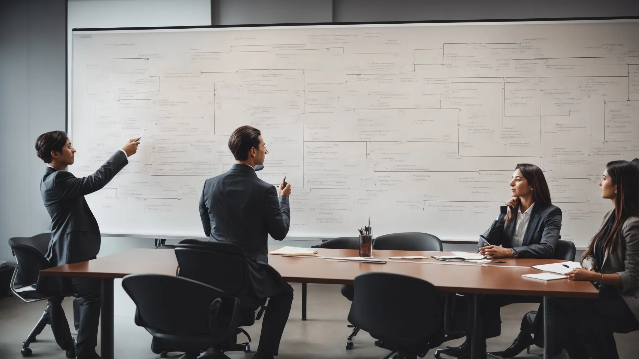a professional meeting with a large flowchart or diagram detailing seo strategies on a whiteboard.