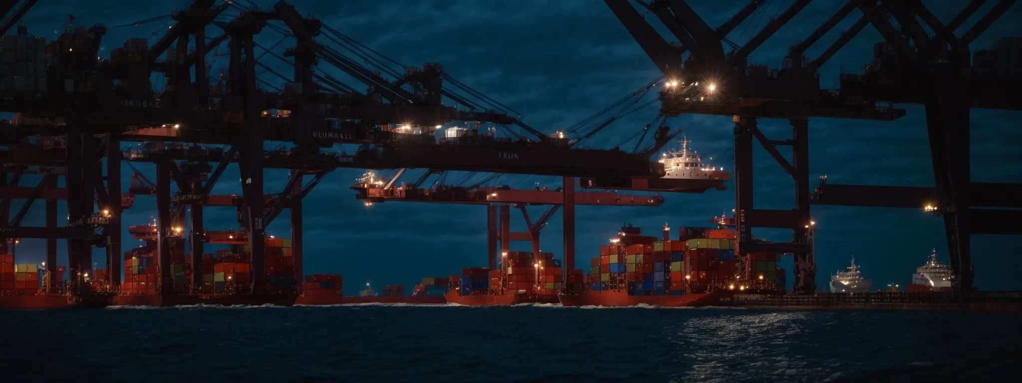 containers being loaded onto a cargo ship in the twilight hours, underscoring the interplay of efficiency and environmental mindfulness in modern logistics.