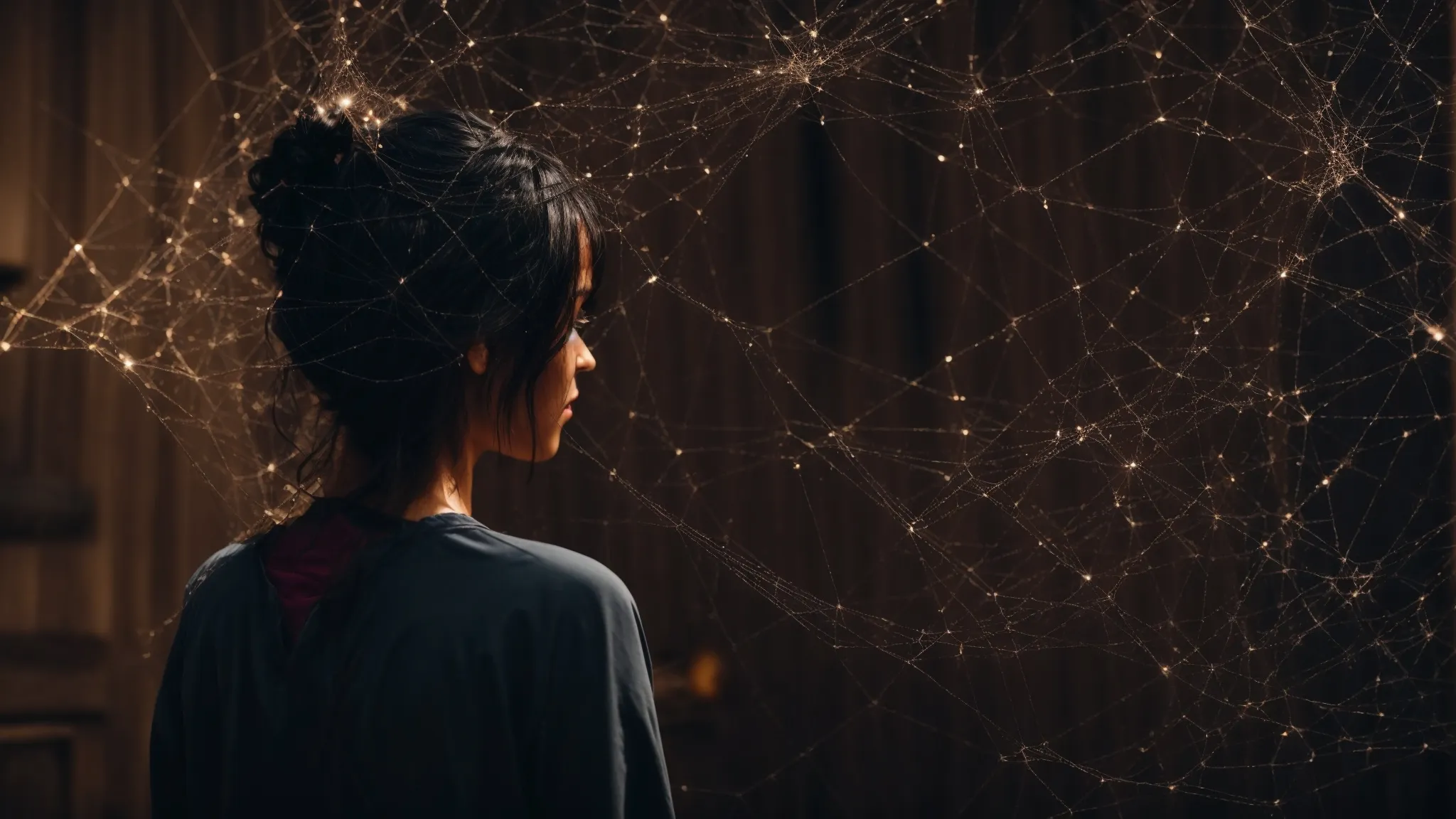 a person thoughtfully interacts with a symbolic web of interconnected nodes, representing seo link strategies.