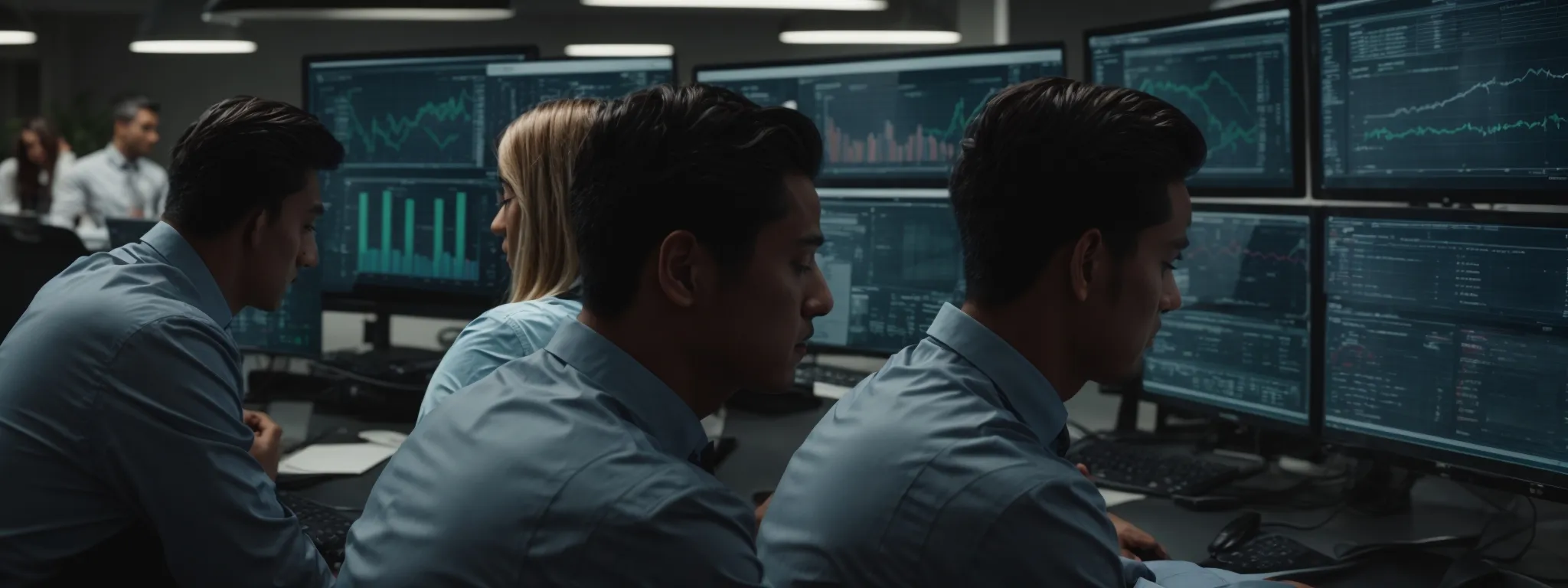 a group of focused professionals intently studying complex analytics dashboards on computer screens in a modern office.