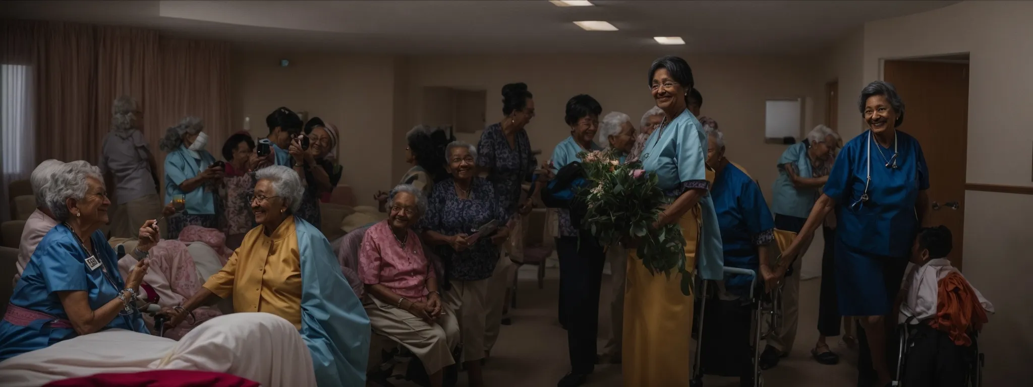 a professional at a nursing home takes a smiling group photo of residents during a social activity, later to be shared on their social media page.