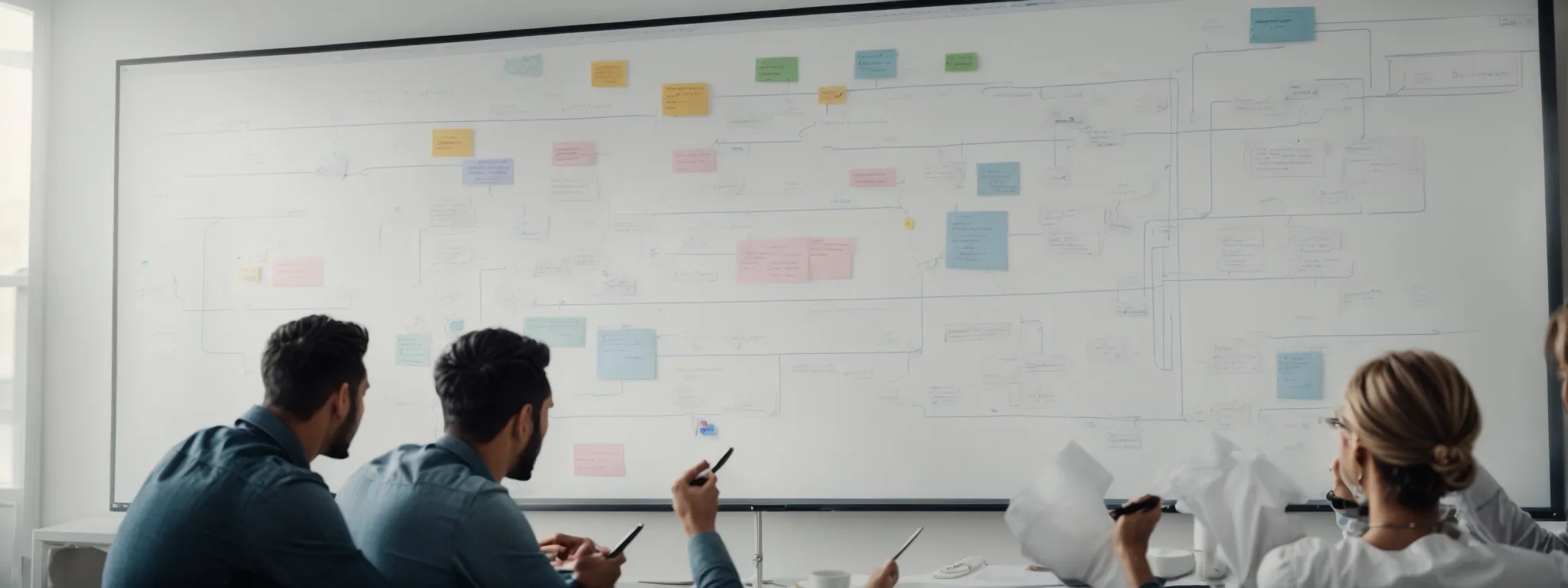 a group of marketers engaged in a brainstorming session with diagrams and social media icons on a whiteboard.