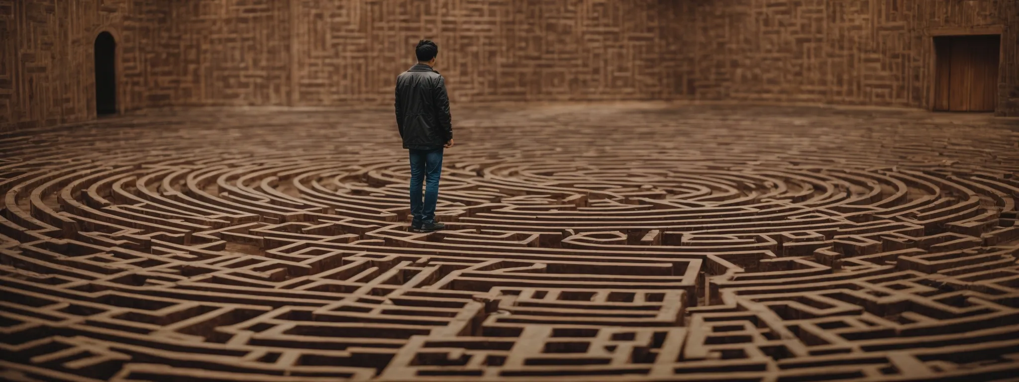 a person perplexed by a labyrinth, symbolizing the complexity and potential misdirection of advanced seo tools.