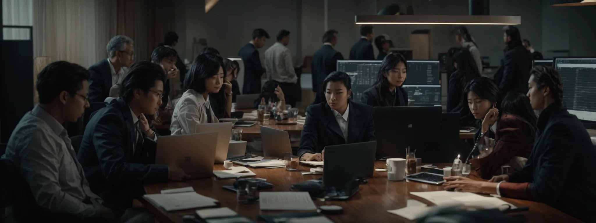 a group of professionals gathered around a large table with laptops, analyzing charts and discussing strategies.