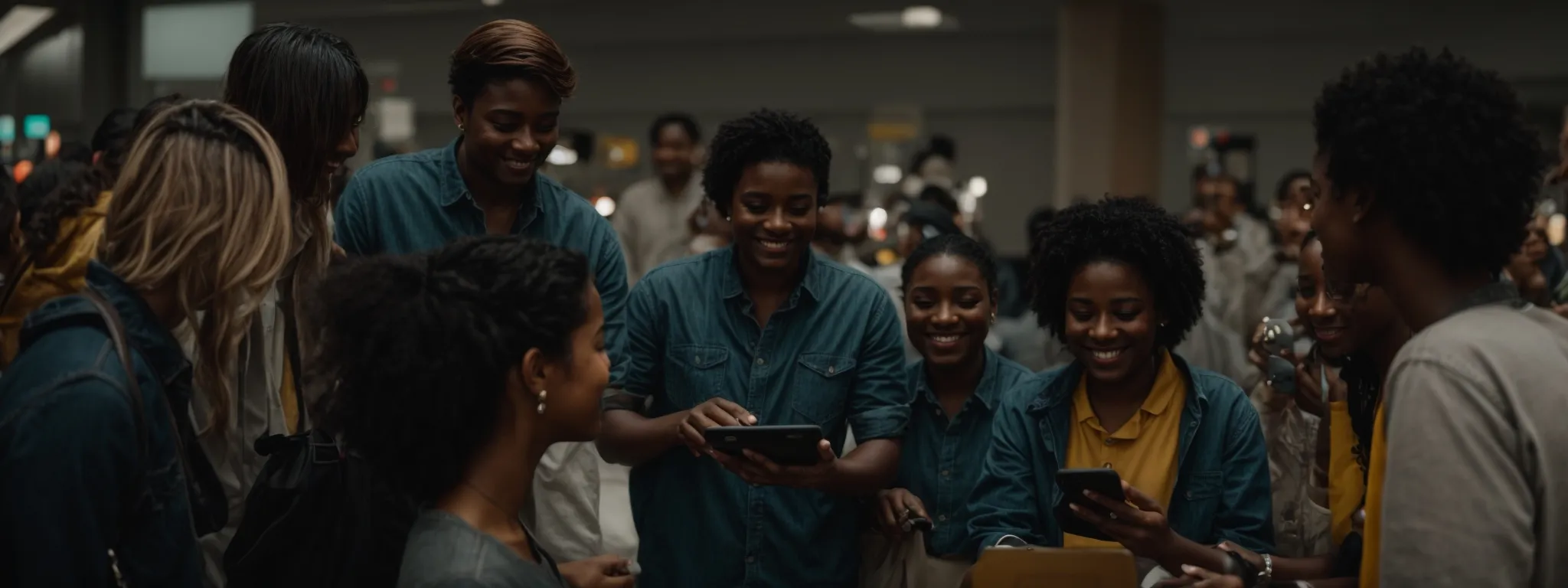 a diverse group of people surrounding a digital device, smiling and interacting with an online platform.