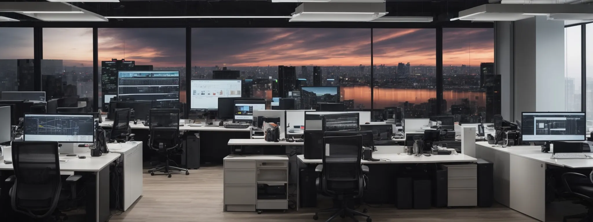 a panorama of a sleek office space with a large monitor displaying a content management dashboard amidst modern digital devices.