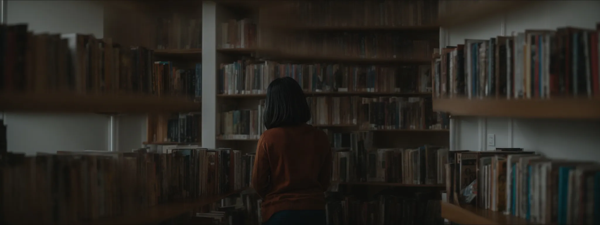 a person browsing through an assorted collection of books in a well-lit, quiet library.