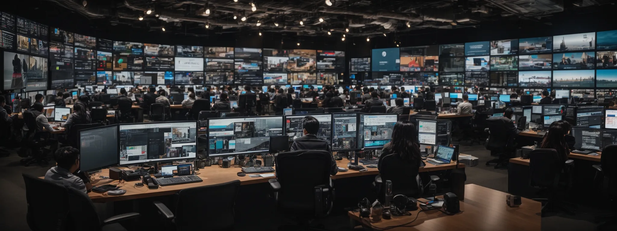 a bustling social media command center with multiple screens displaying different social platforms buzzing with activity.