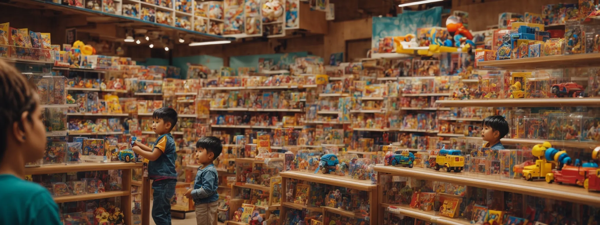 a bustling toy store with crowded shelves displaying a variety of colorful toys, with a gleeful child browsing in the background.