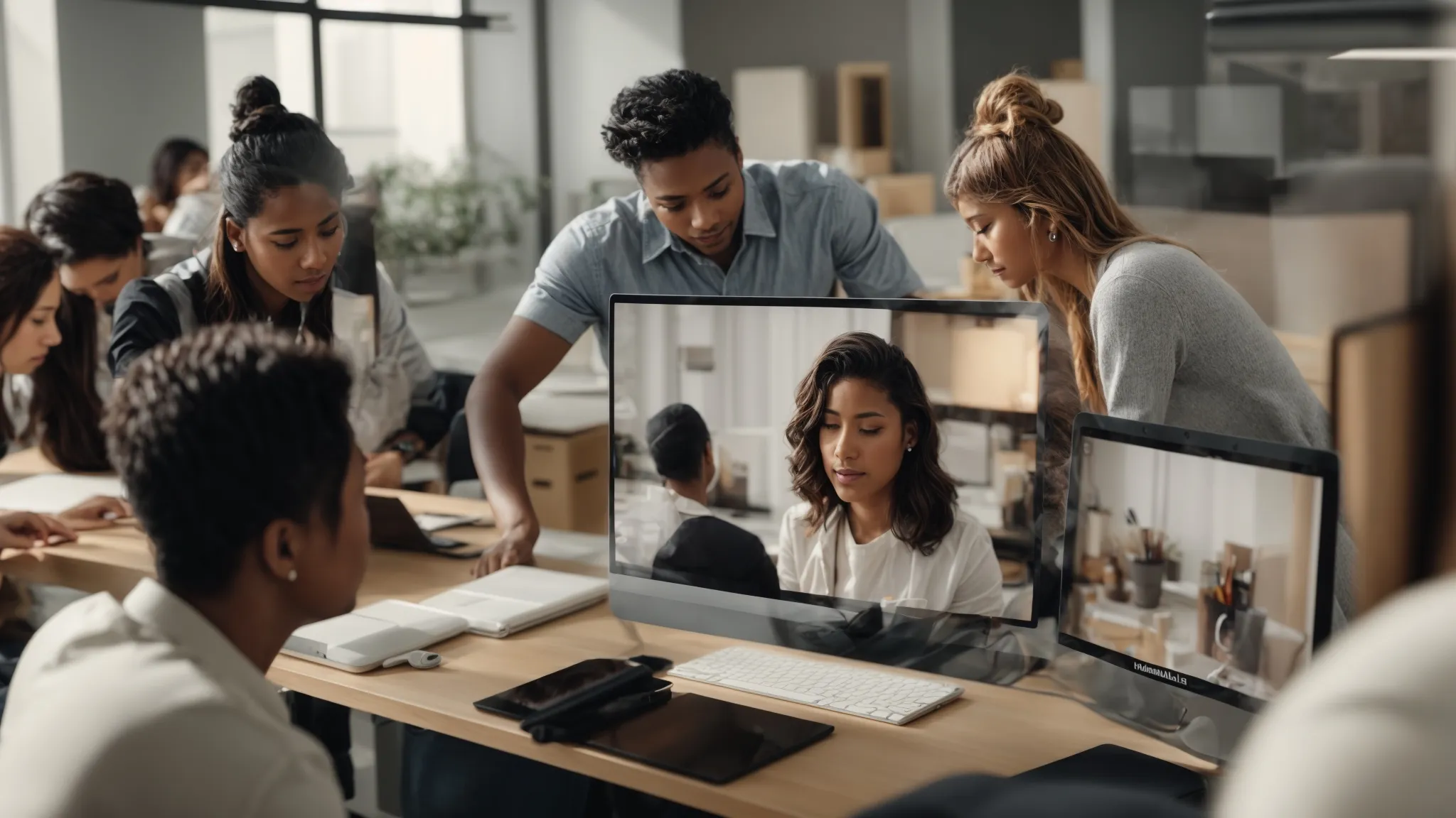 a group of people is browsing product reviews on a shared screen in a brightly lit office setting.