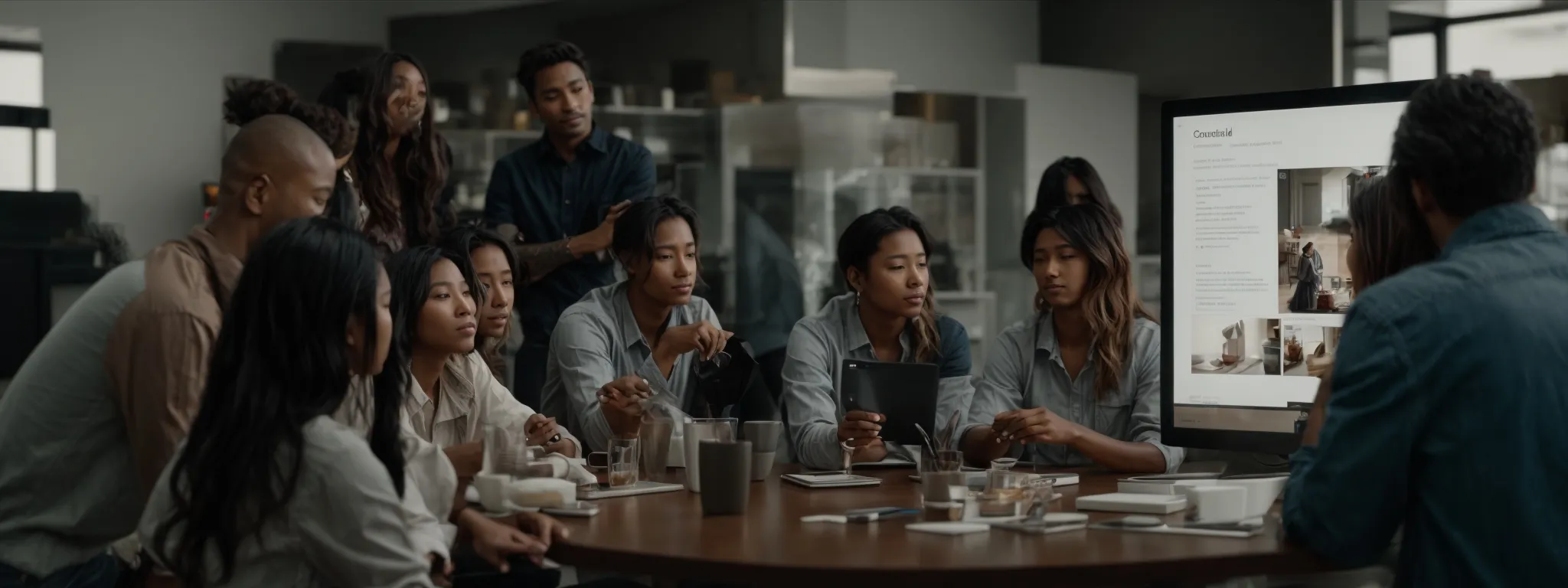 a diverse group of people gathered around a table, actively engaging with a sleek, user-friendly website interface displayed on a large monitor.