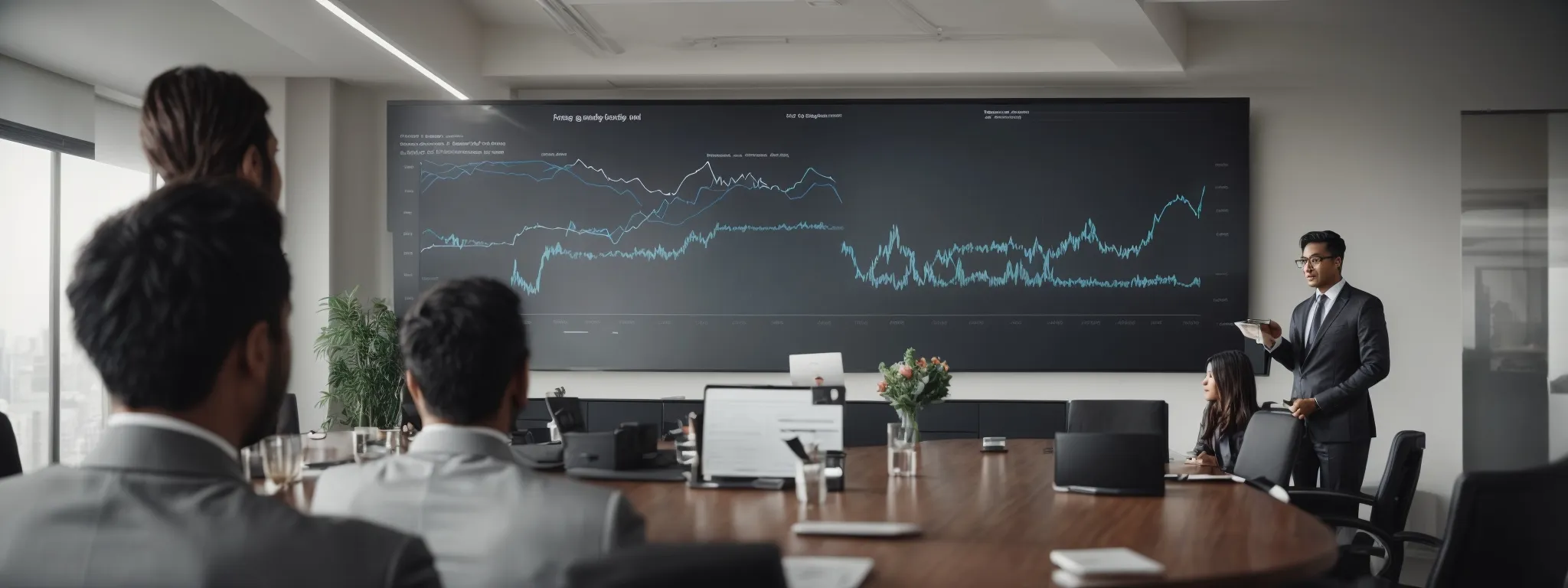 a business consultant presents a graph illustrating long-term seo growth trends to attentive clients in a modern conference room.