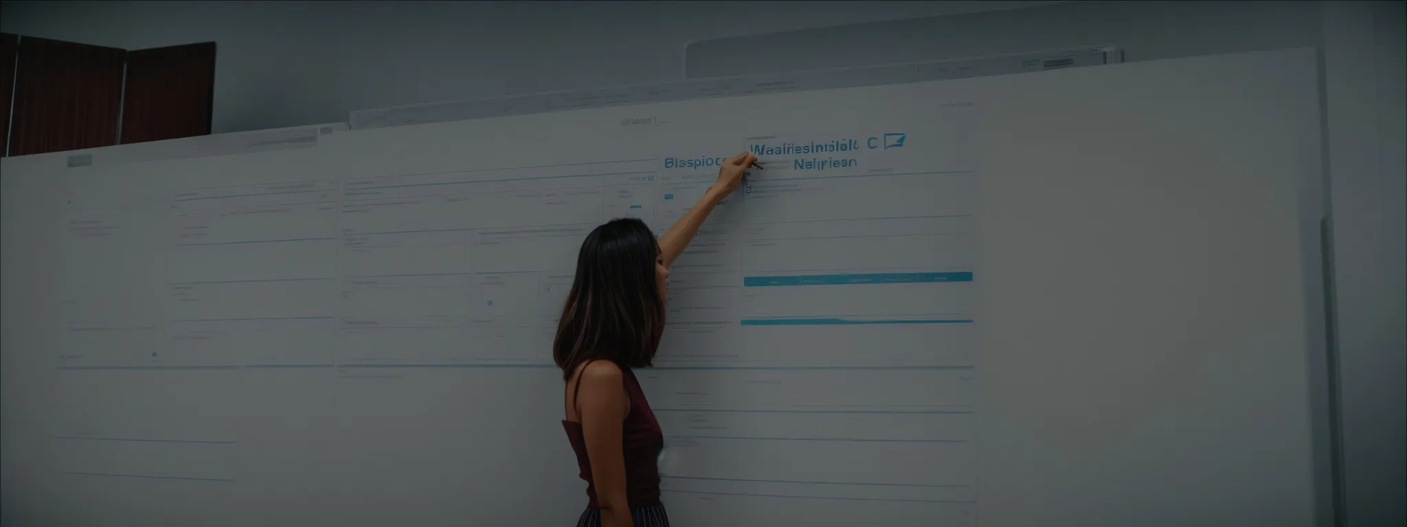 a professional woman adjusting a mock-up interface of a business listing on a digital screen.