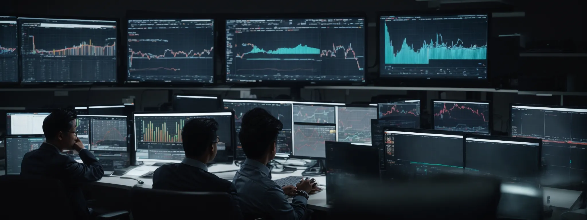 a person sitting at a desk with multiple computer screens displaying graphs and analytical data, engaged in strategizing a digital marketing plan.