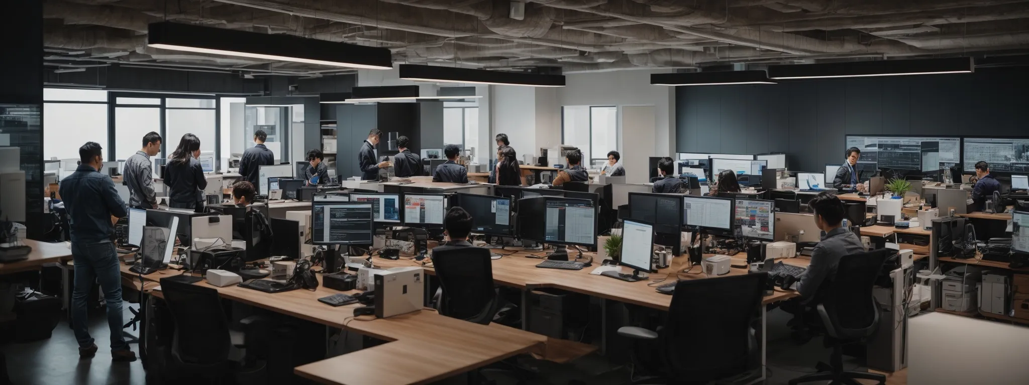 a broad view of a bustling digital marketing office with teams strategizing around computers displaying website analytics.