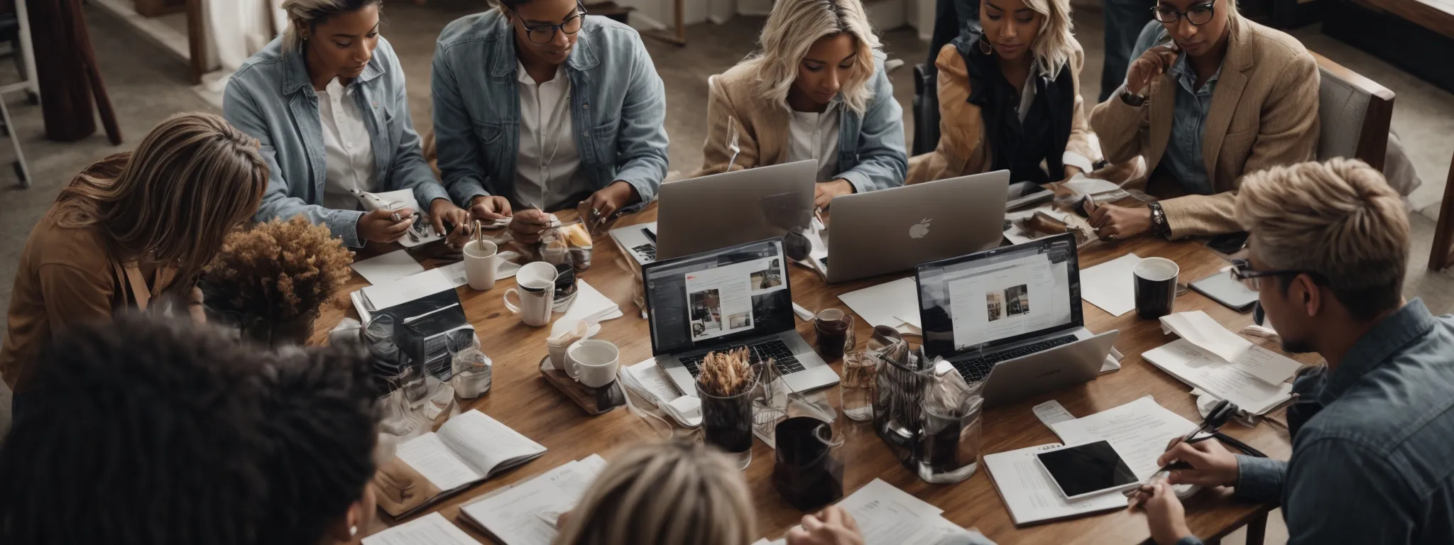a creative brainstorming session with a diverse group of marketers strategizing around a table strewn with open laptops and marketing materials.