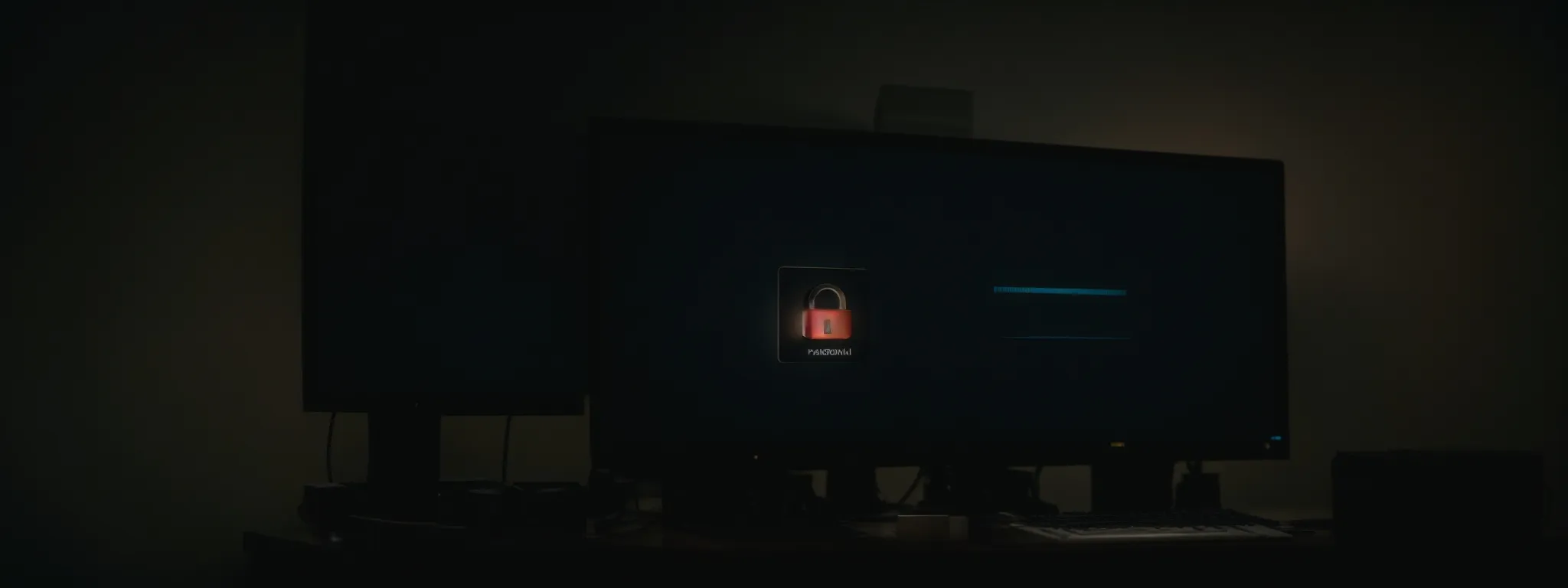 a secure padlock icon illuminated on a computer screen in a dimly lit room with cables and network equipment suggesting a focus on cybersecurity and ssl.