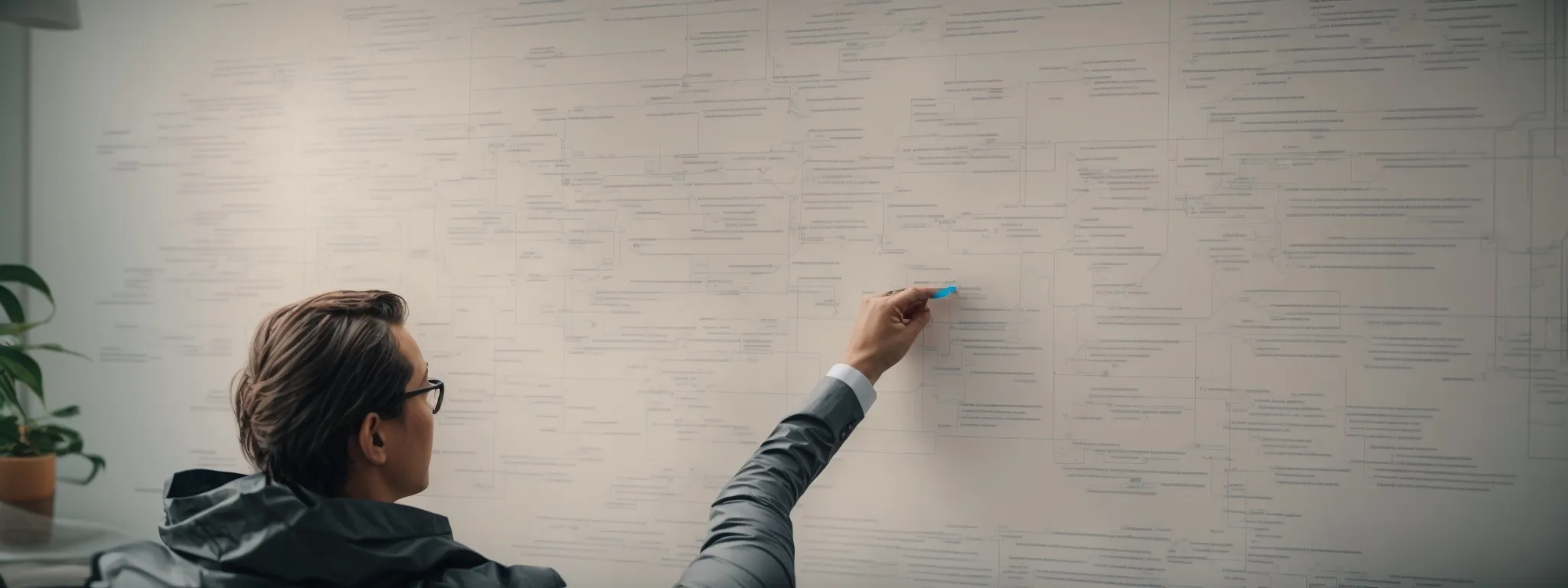 a professional analyzing a complex flowchart that represents the journey of seo tactics and website redirection methods.