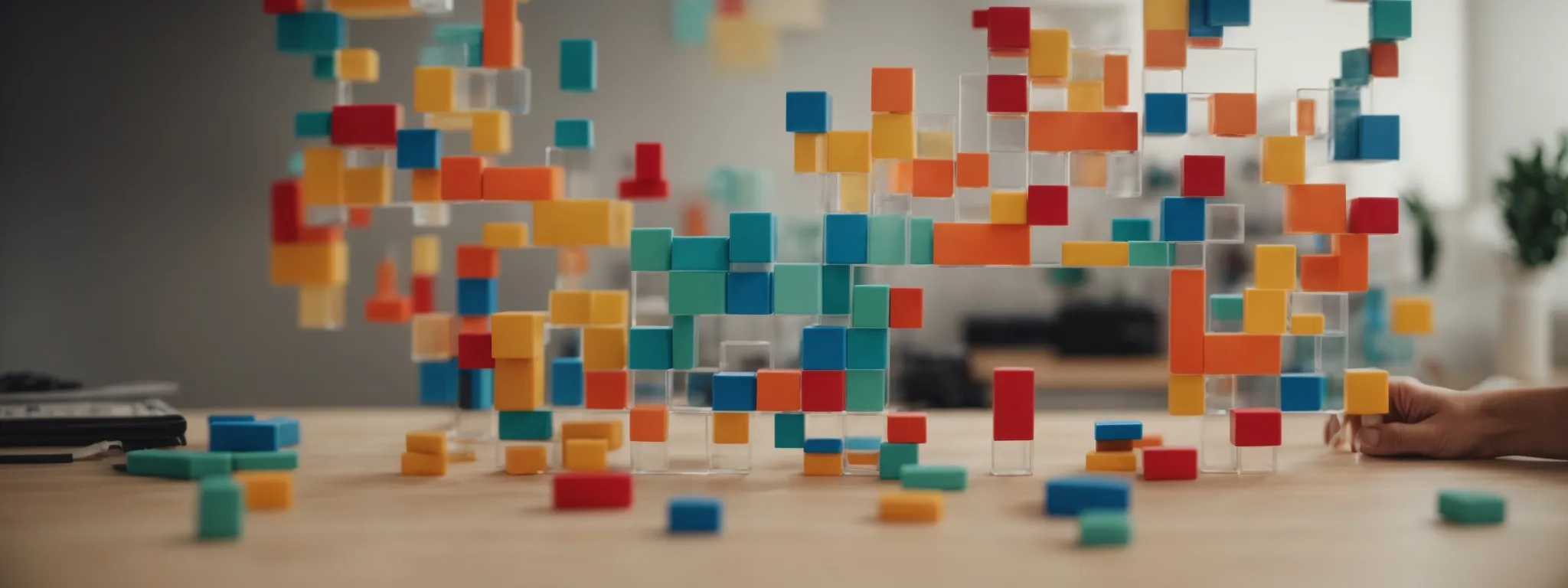 a person strategically aligning colorful blocks representing different story elements on a clear, organized workspace, symbolizing strategic seo planning.