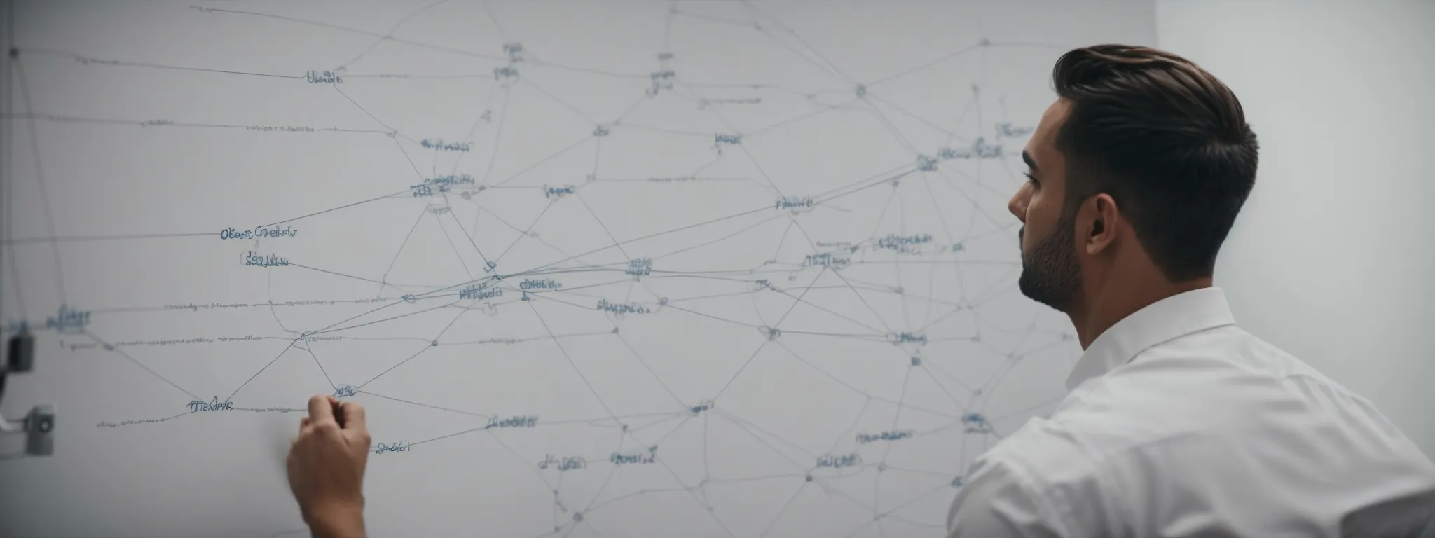 a marketer sketches a web of connections on a whiteboard to symbolize a network of backlinks.