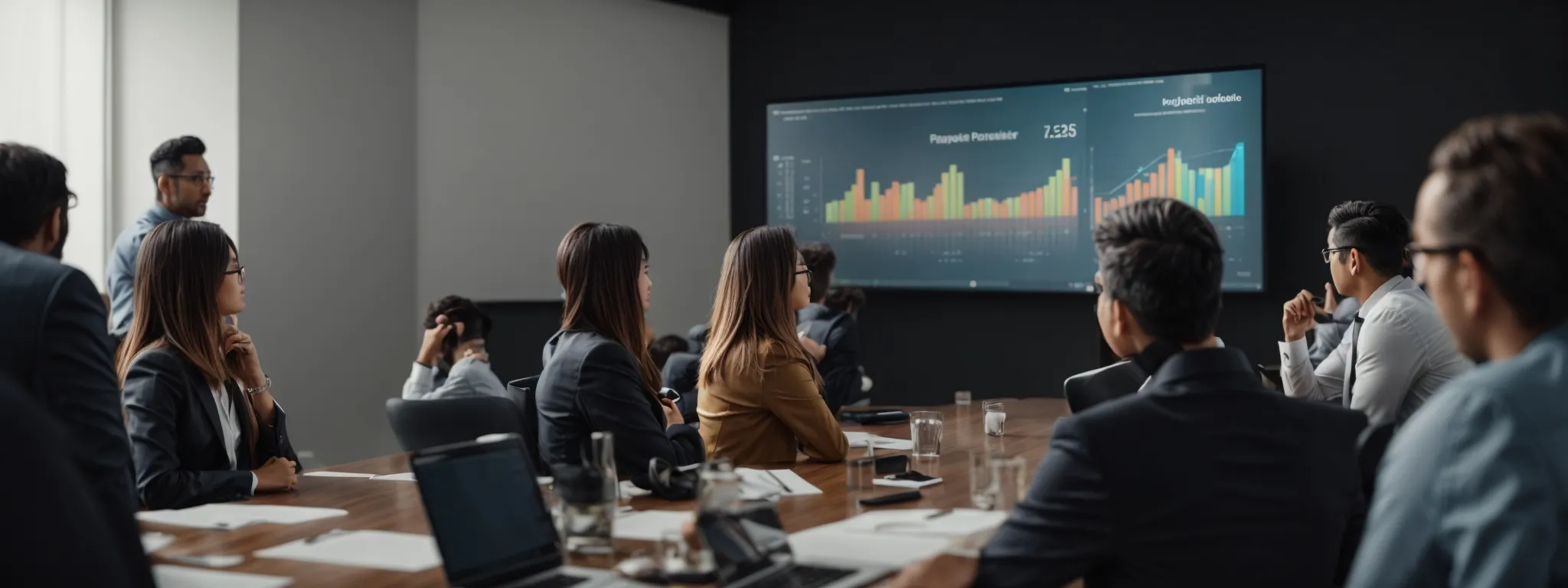 a speaker presents a colorful seo analytics report on a screen to a group of attentive professionals at a conference meeting.