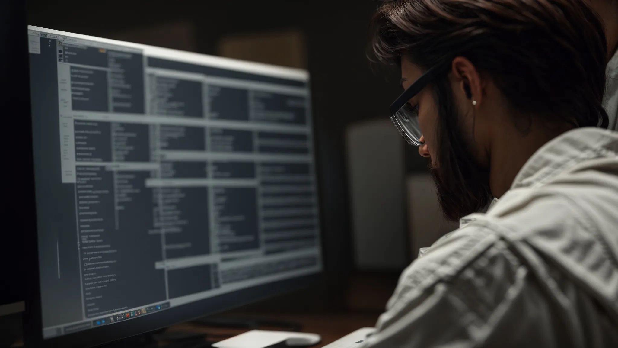 a focused individual reviewing documents on a computer screen, symbolizing the precision needed for crafting a disavow file in seo.