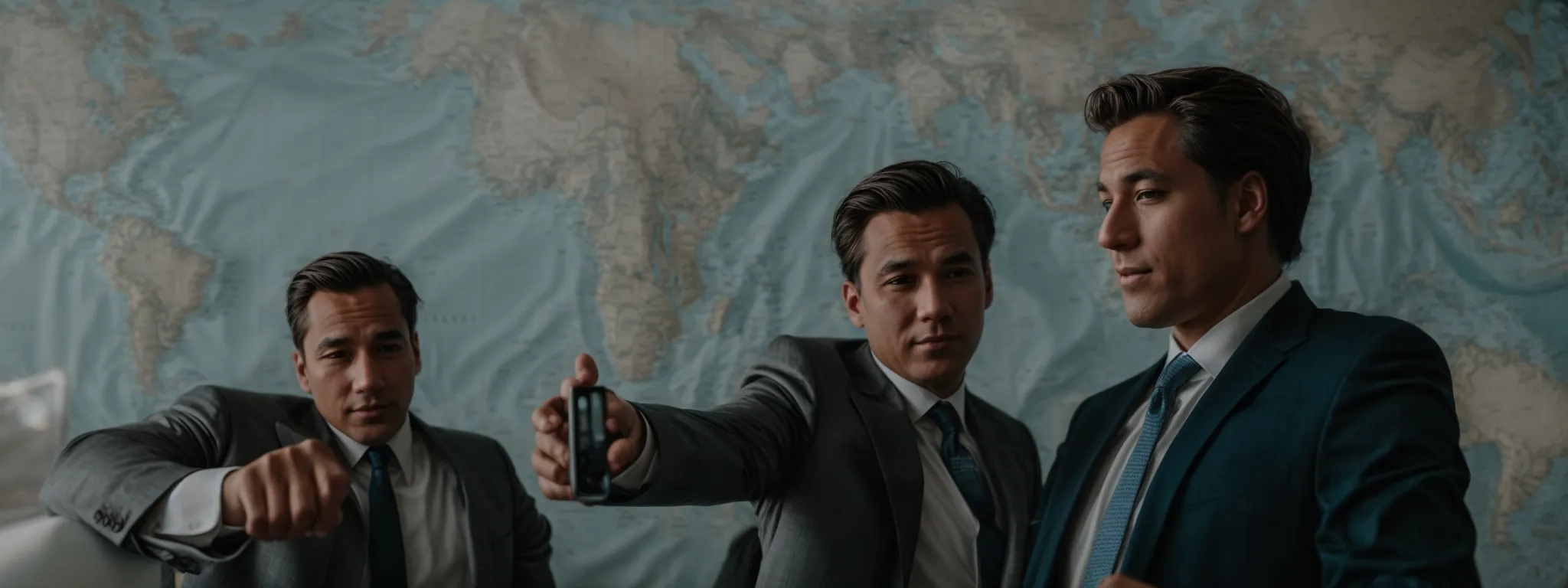 two businessmen pointing at a world map and a city map displayed side by side on a wall.