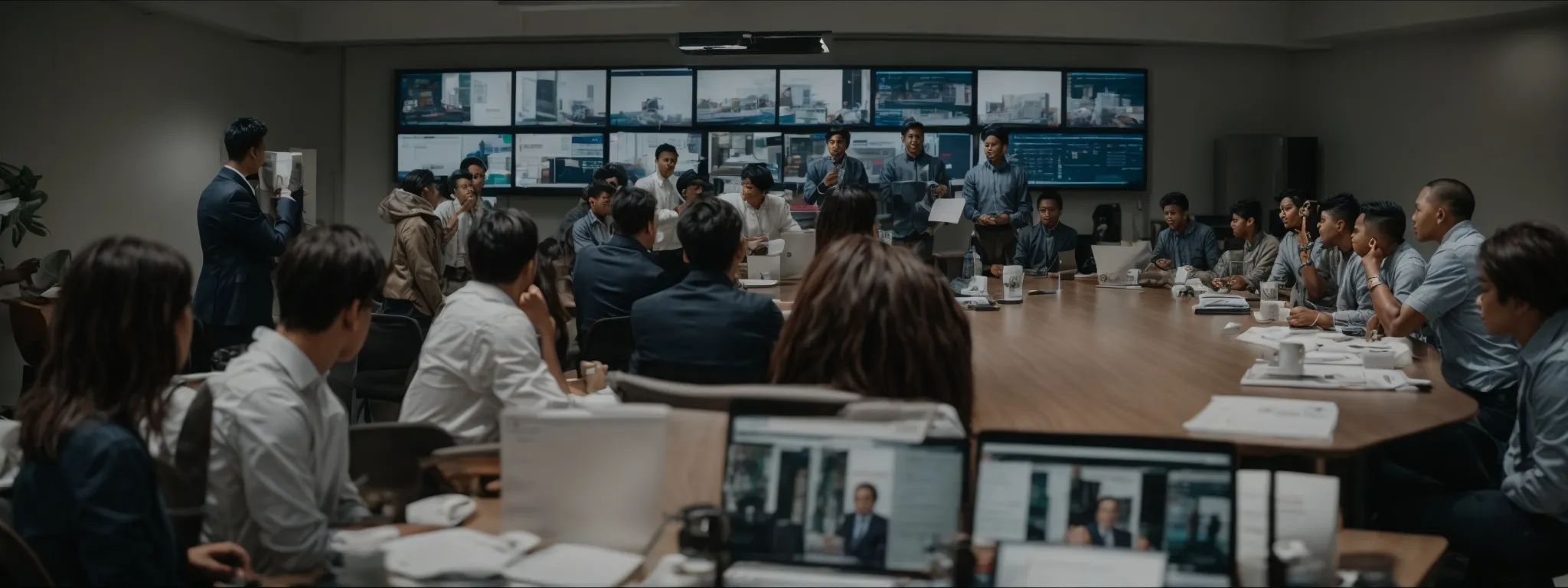 a group of individuals engage in a brainstorming session around a large table, with visible screens displaying wikipedia pages.