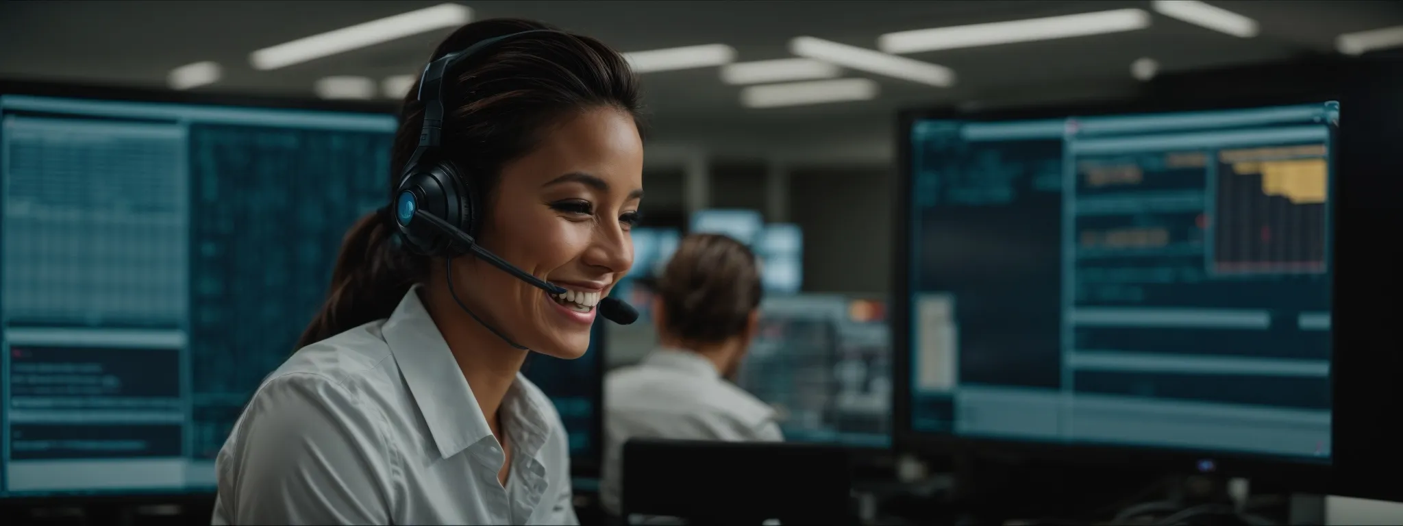 a customer service agent smiles confidently as they navigate a sophisticated software interface on a large computer monitor.