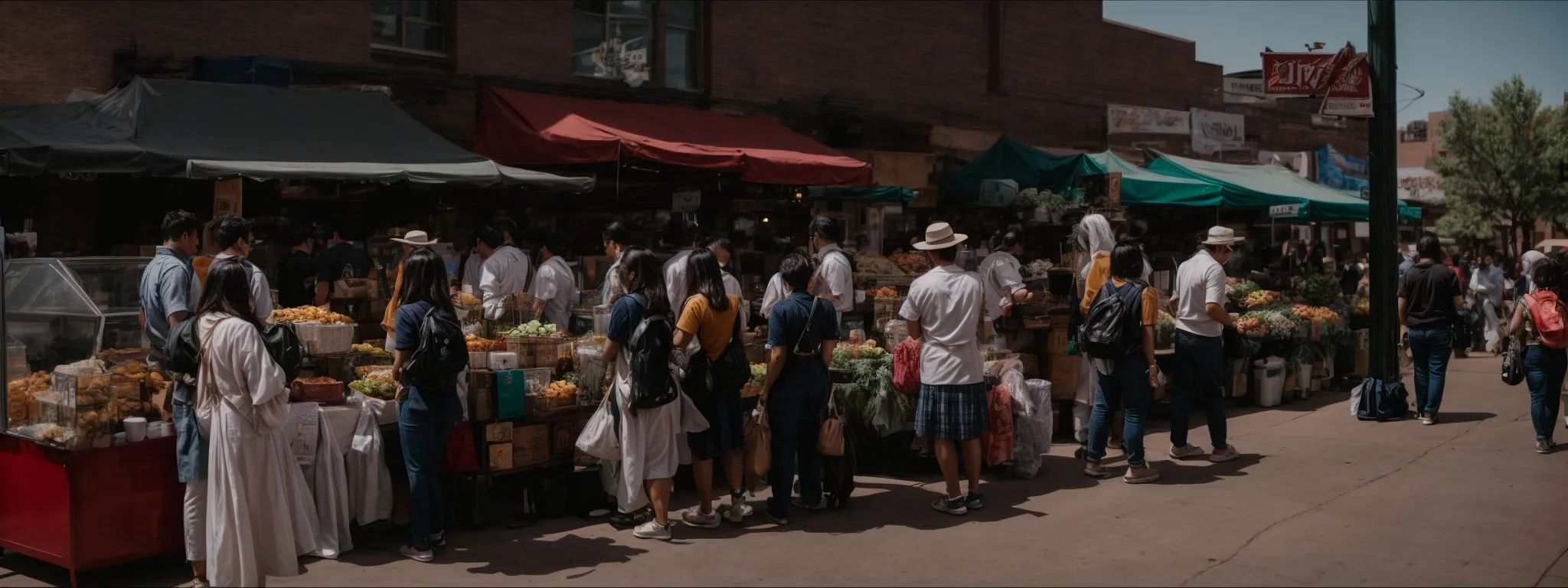 a bustling denver street market with local businesses engaging with residents.