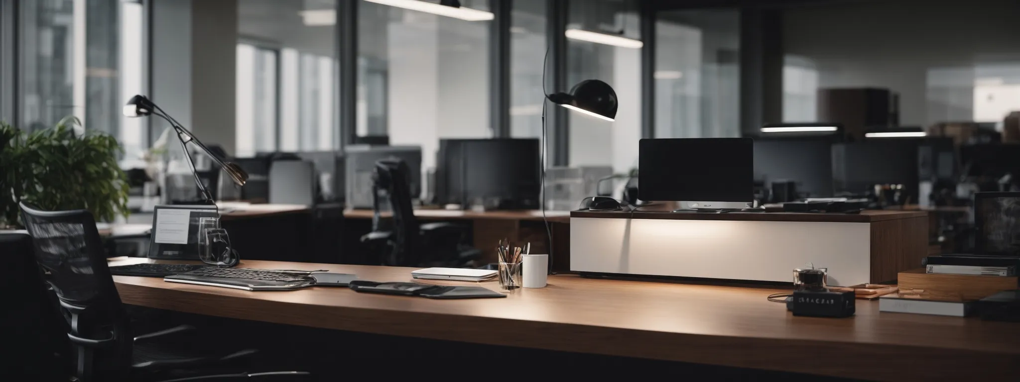 a sleek modern office desk equipped with the latest technology and a visible contact form displayed on the screen.